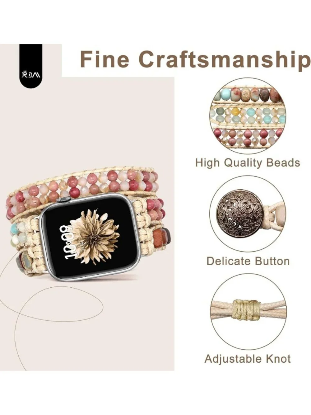 Boho Beaded Adjustable Bracelet for Apple Watch 38mm 40mm 41mm - Handmade Pink